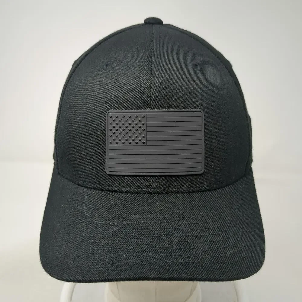 Branded Bills Baseball Cap Black XL American Flag Raised Rubber Patch Hat